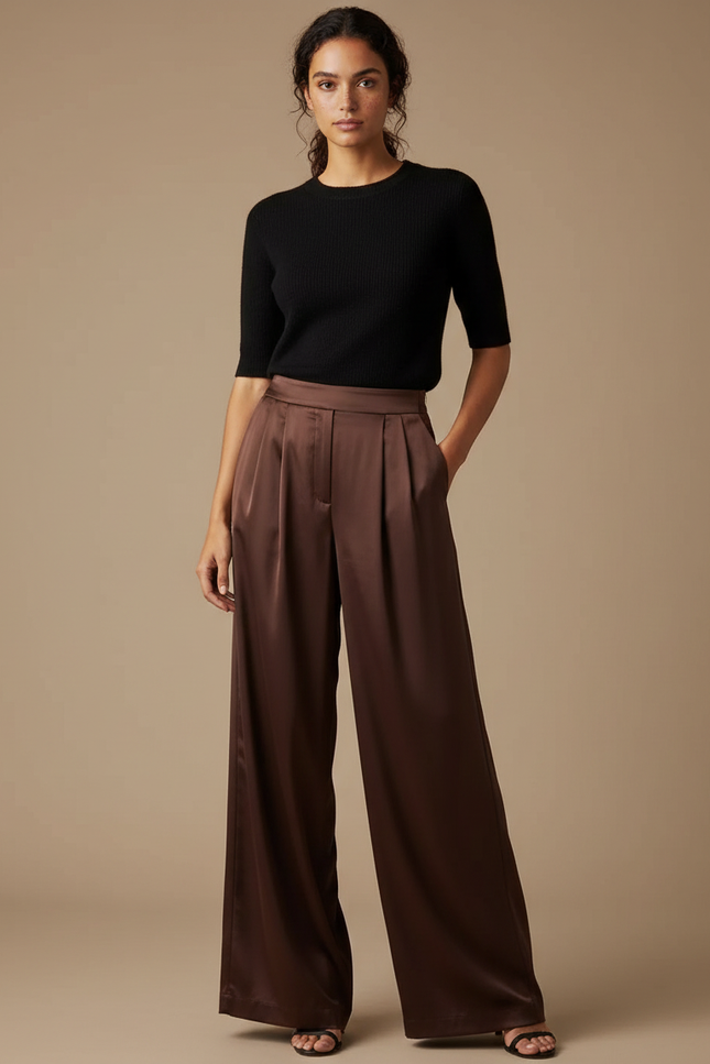 Pantalon Fluide Marron Satiné Ample Élégant Femme