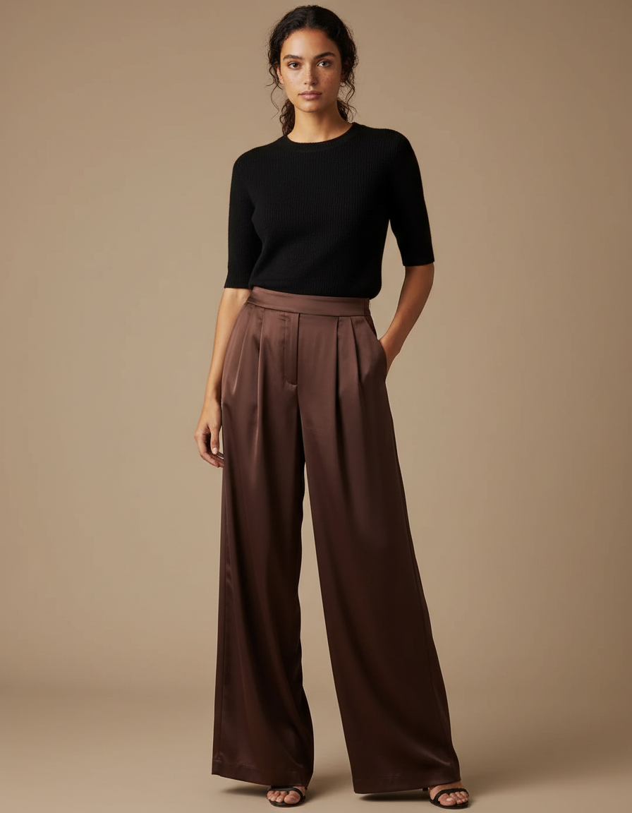 Pantalon Fluide Marron Satiné Ample Élégant Femme