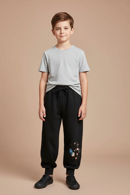 Pantalon Fluide Noir Ample Imprimé Papillon Fleurs - Molleton