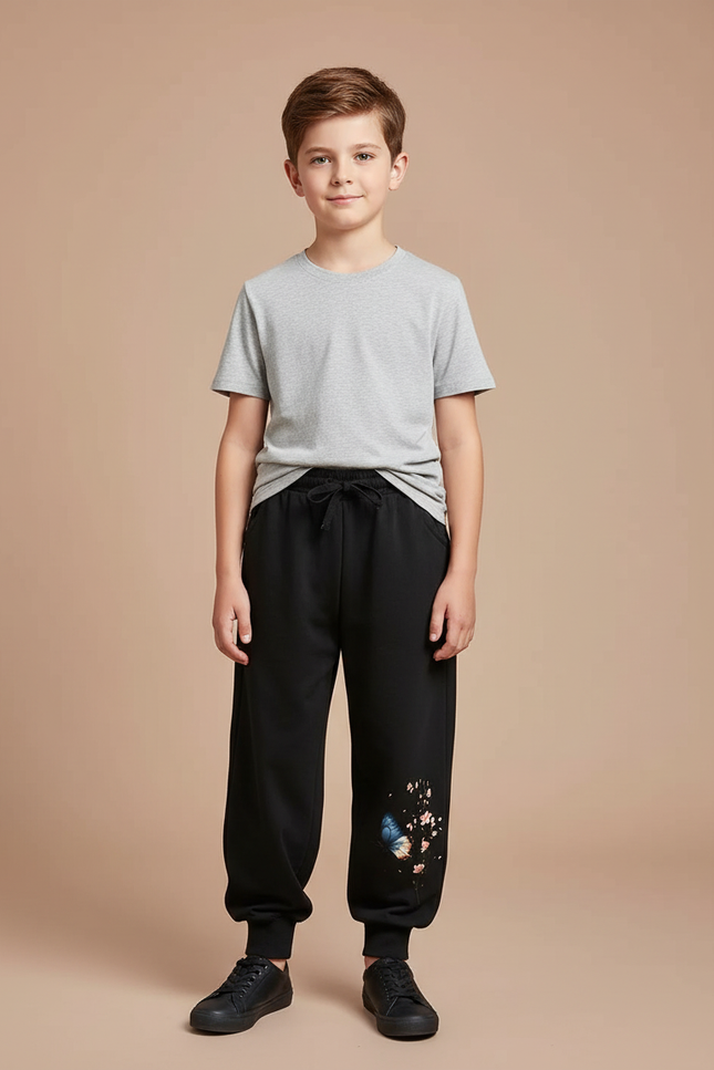 Pantalon Fluide Noir Ample Imprimé Papillon Fleurs - Molleton