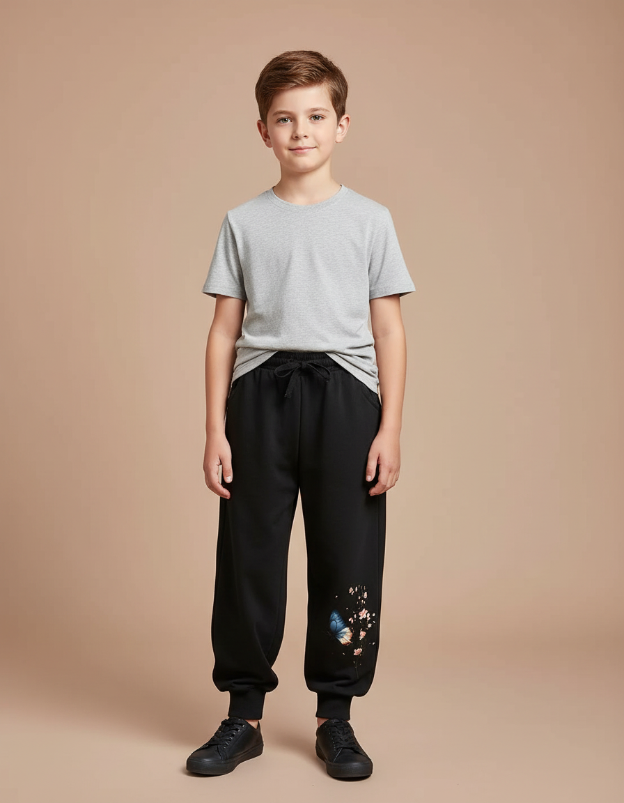 Pantalon Fluide Noir Ample Imprimé Papillon Fleurs - Molleton