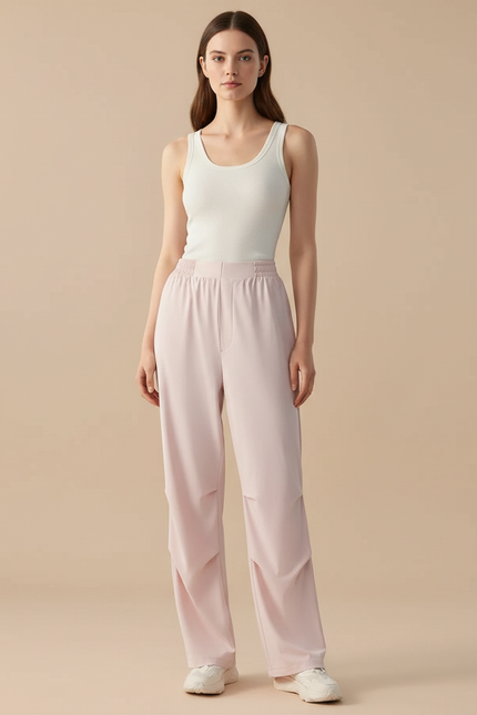 Pantalon Fluide Rose Drapé Ample Taille Élastiquée - Polyester