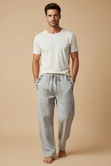 Pantalon Fluide Gris Lin Ample Décontracté Ethnique Homme