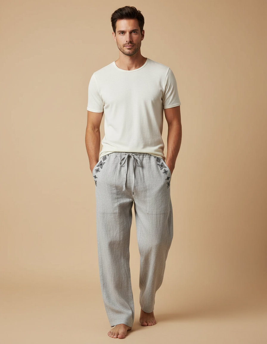 Pantalon Fluide Gris Lin Ample Décontracté Ethnique Homme