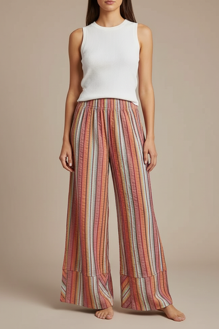 Pantalon Fluide Rayé Ample Taille Haute Tricoté - Multicolore Maille