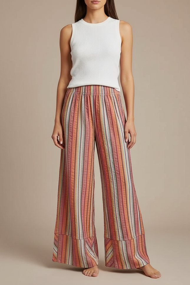 Pantalon Fluide Rayé Ample Taille Haute Tricoté - Multicolore Maille