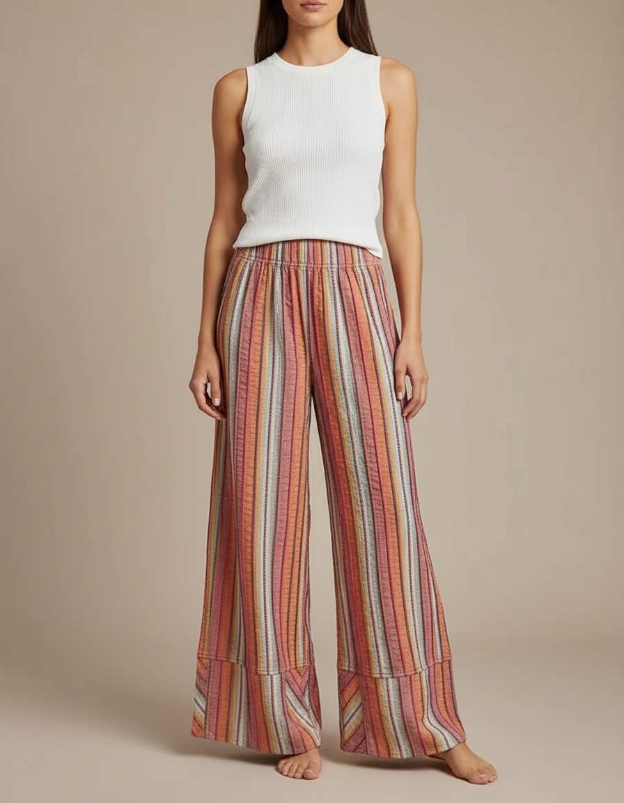 Pantalon Fluide Rayé Ample Taille Haute Tricoté - Multicolore Maille
