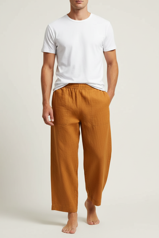 Pantalon Fluide Lin Ample Marron Décontracté Homme