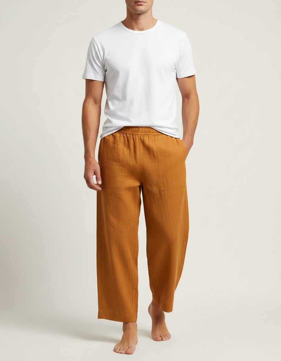 Pantalon Fluide Lin Ample Marron Décontracté Homme