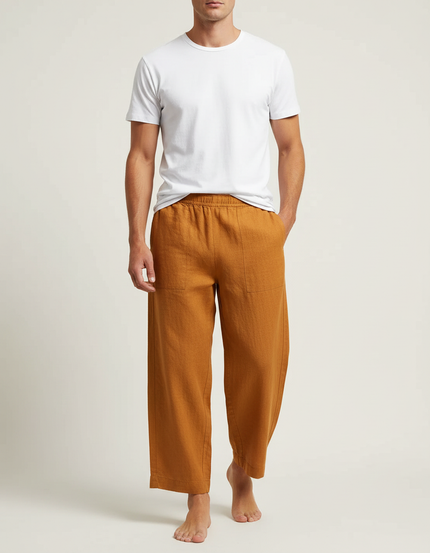 Pantalon Fluide Lin Ample Marron Décontracté Homme