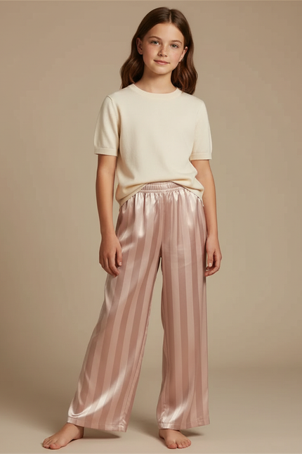 Pantalon Fluide Rayé Rose Satiné Ample Fille