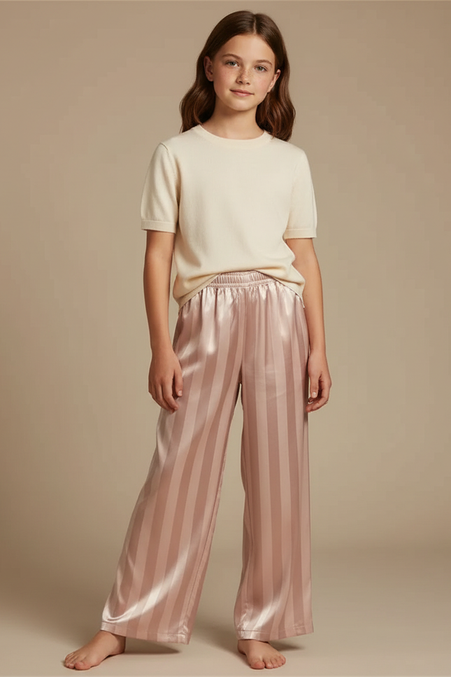 Pantalon Fluide Rayé Rose Satiné Ample Fille