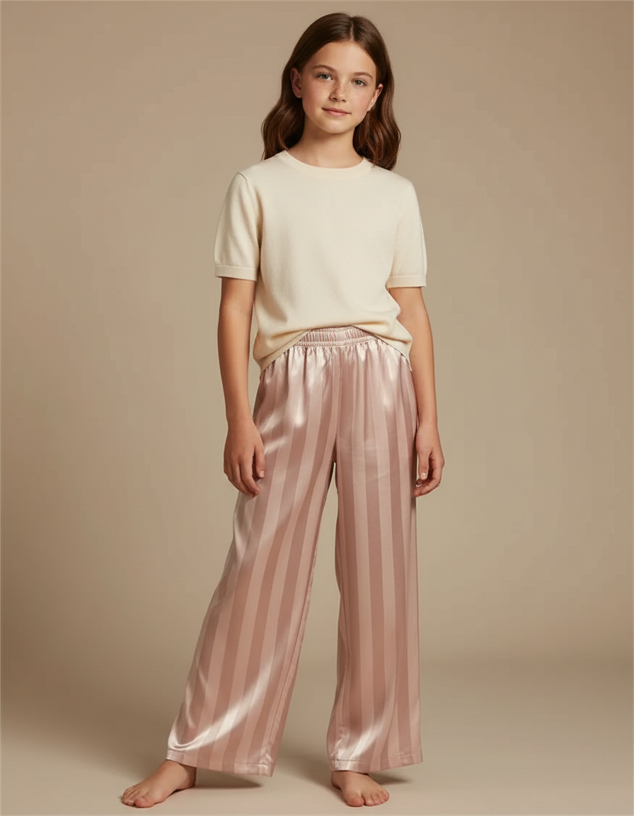Pantalon Fluide Rayé Rose Satiné Ample Fille