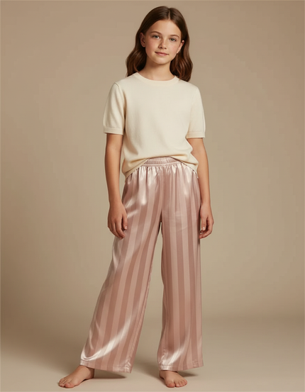 Pantalon Fluide Rayé Rose Satiné Ample Fille