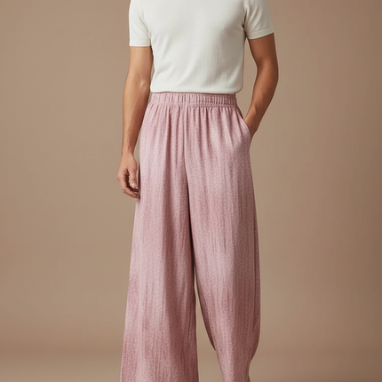 Pantalon Fluide Rose Ample Décontracté Lin Léger