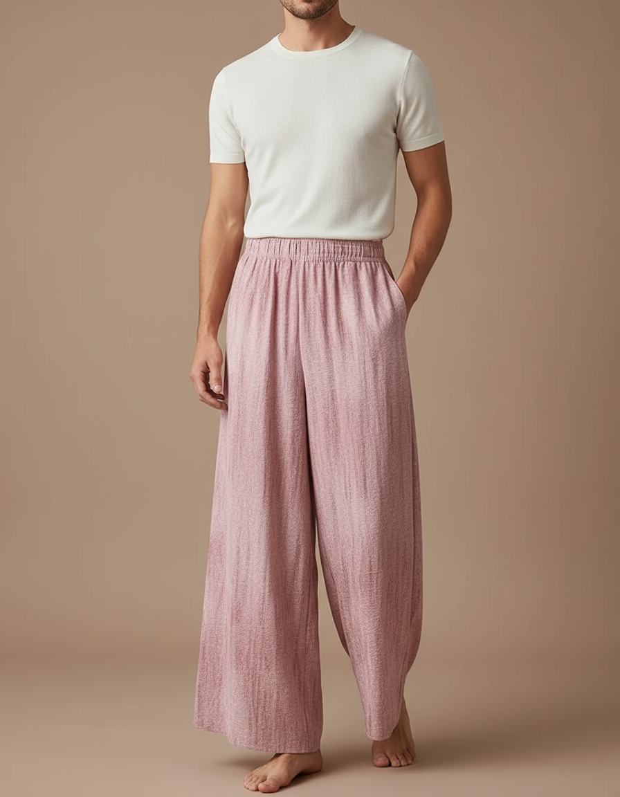 Pantalon Fluide Rose Ample Décontracté Lin Léger