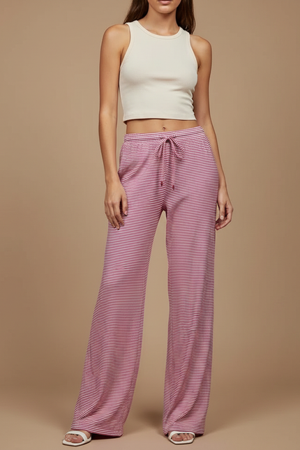 Pantalon Fluide Rose Rayé Ample Cordon Décontracté - Maille