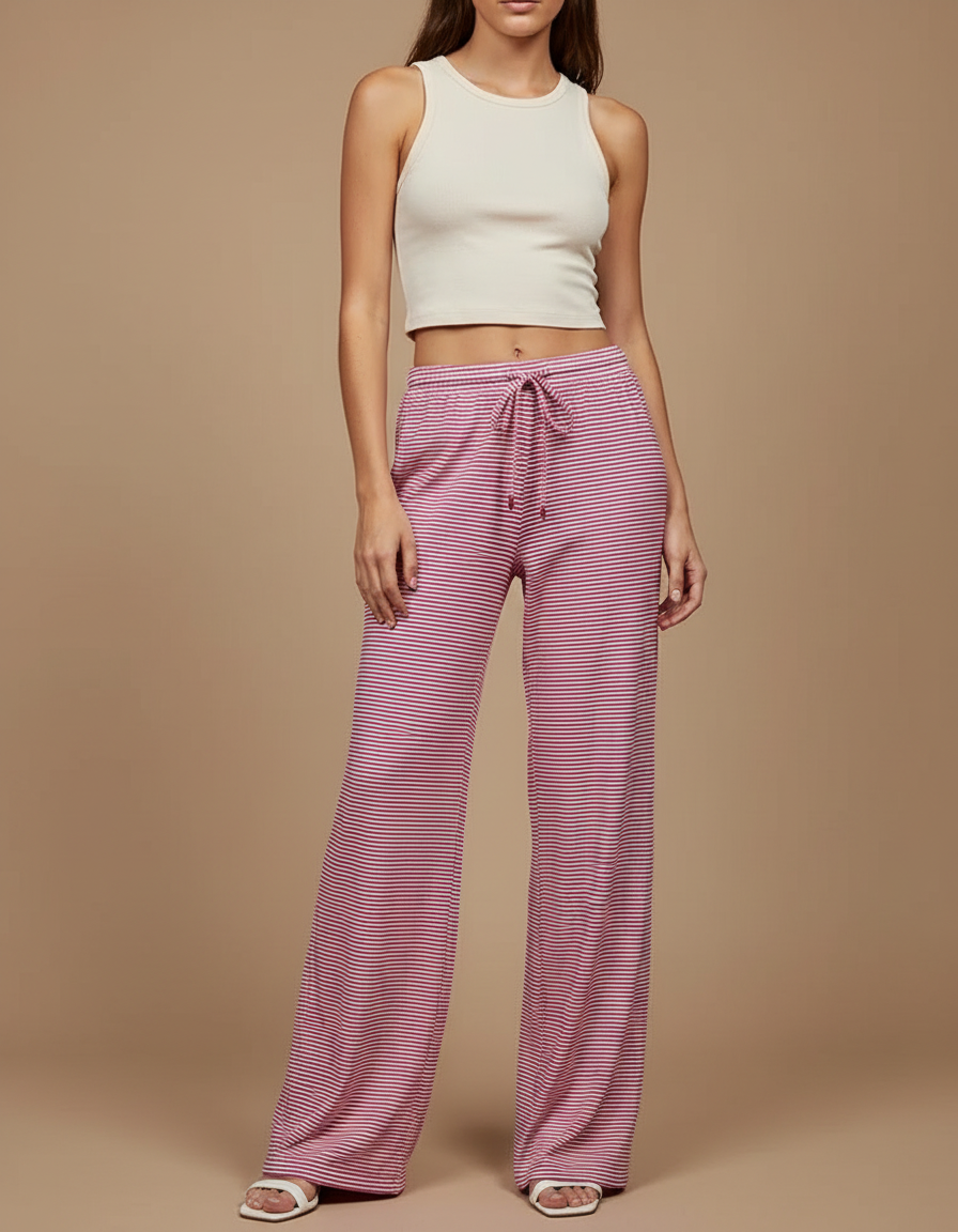Pantalon Fluide Rose Rayé Ample Cordon Décontracté - Maille