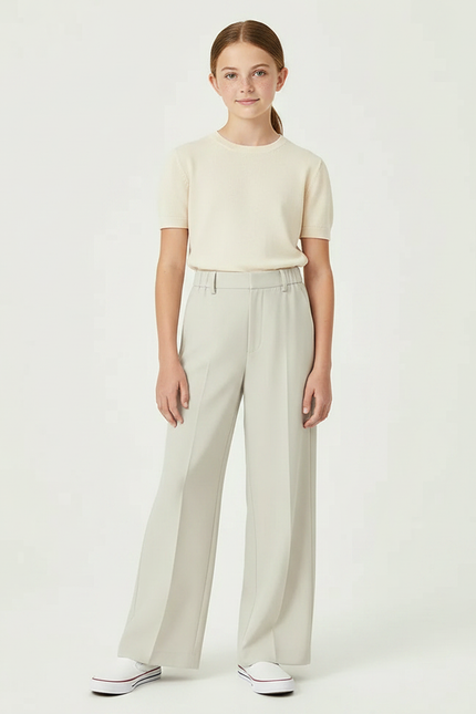 Pantalon Fluide Gris Clair Droit Taille Haute Élégant - Polyester
