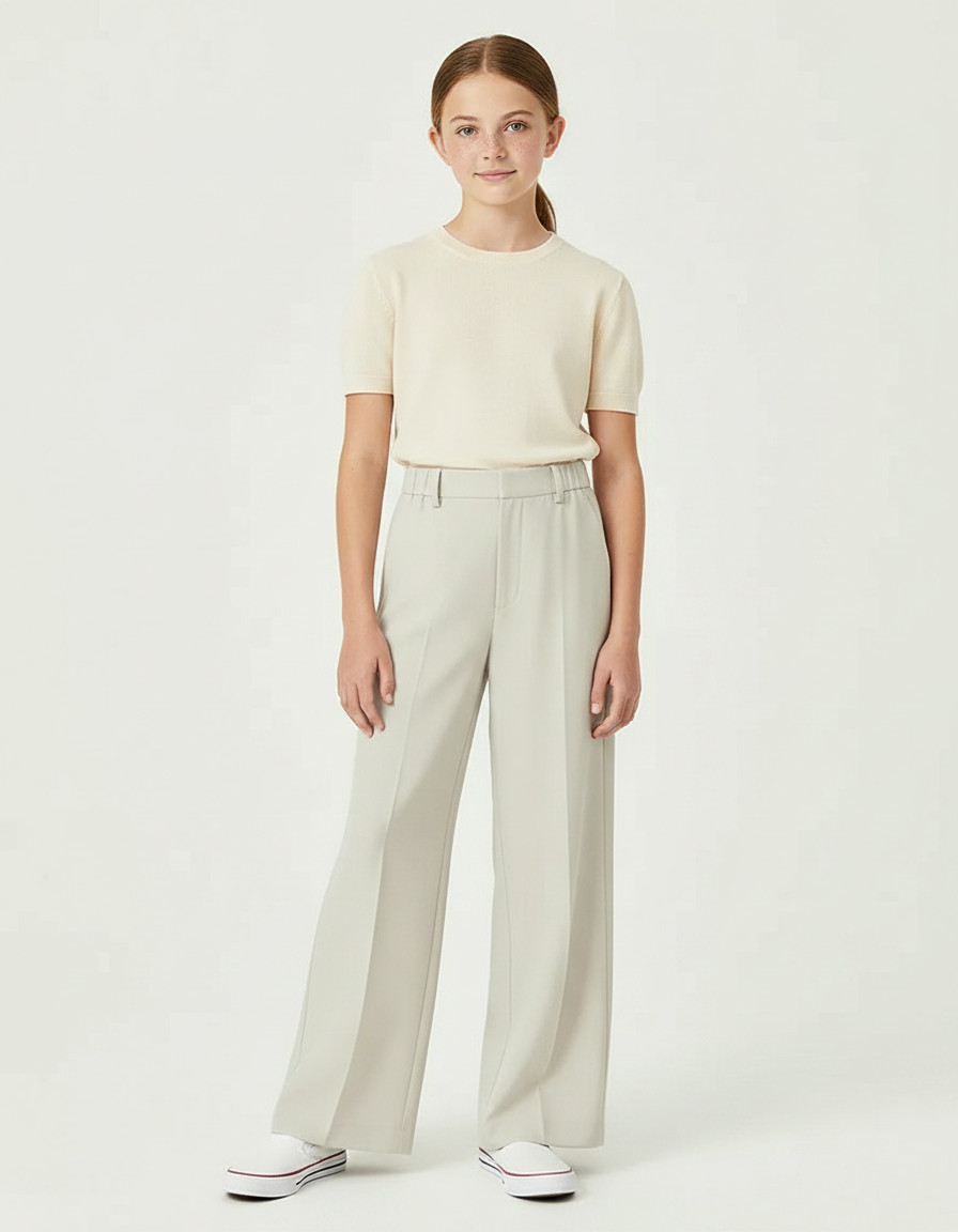 Pantalon Fluide Gris Clair Droit Taille Haute Élégant - Polyester
