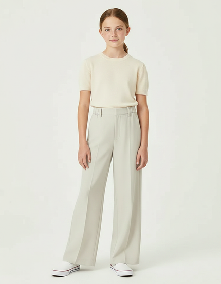 Pantalon Fluide Gris Clair Droit Taille Haute Élégant - Polyester