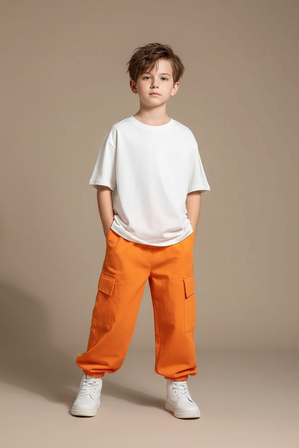 Pantalon Fluide Cargo Orange Ample Enfant Streetwear - Molleton