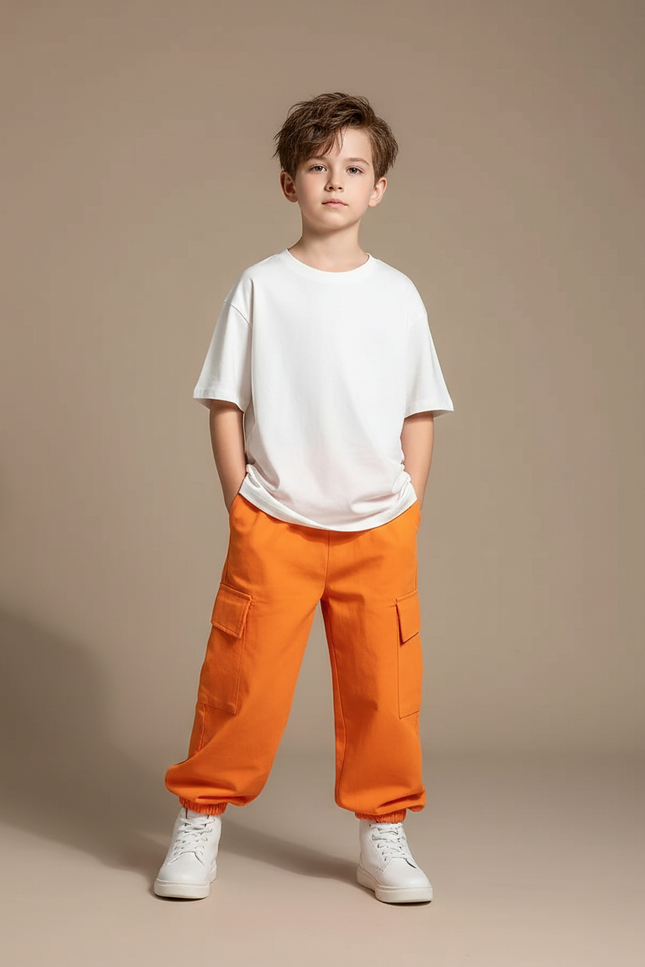 Pantalon Fluide Cargo Orange Ample Enfant Streetwear - Molleton