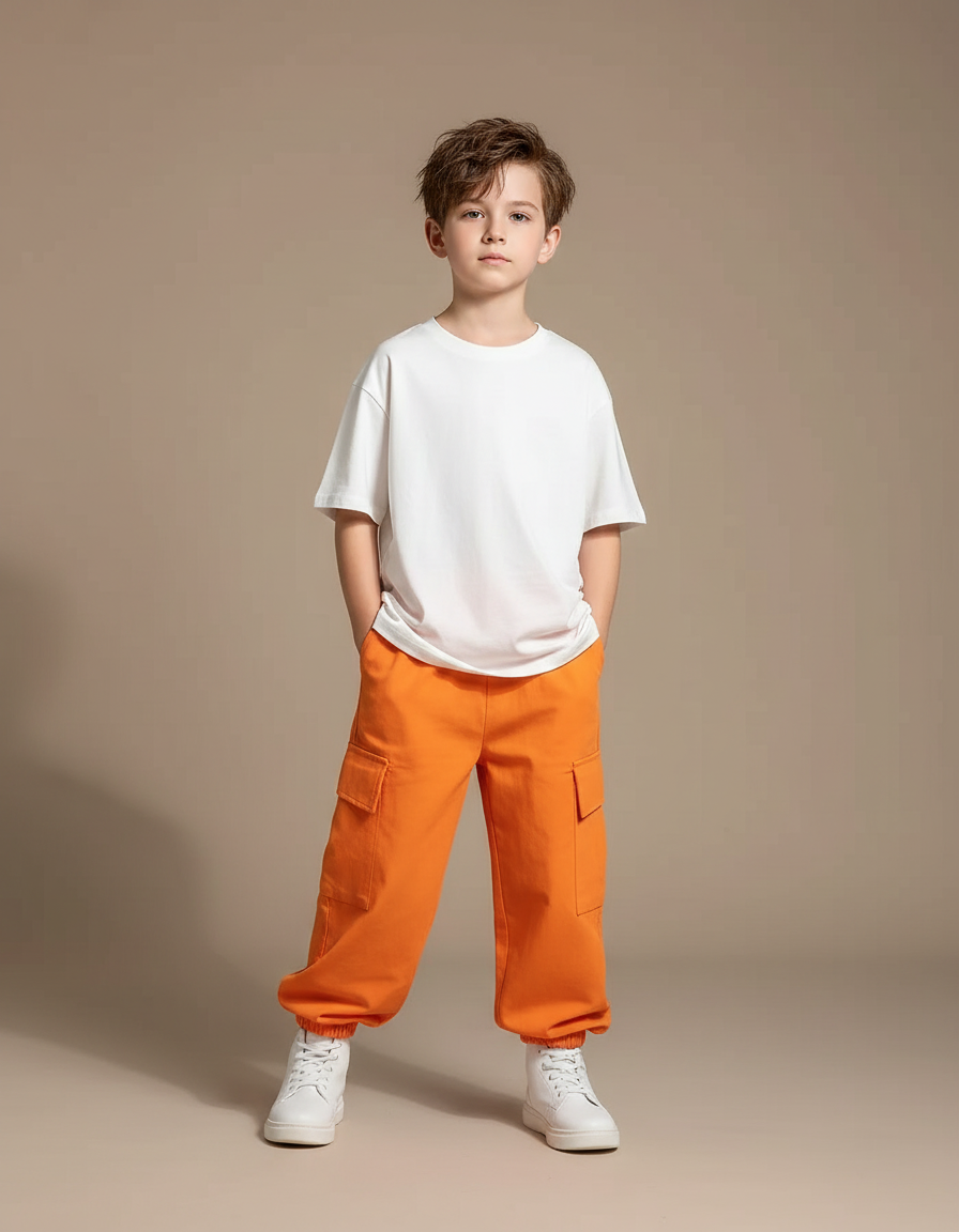 Pantalon Fluide Cargo Orange Ample Enfant Streetwear - Molleton