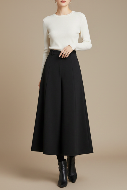Pantalon Fluide Noir Ample Taille Haute Élégant Hiver - Gabardine