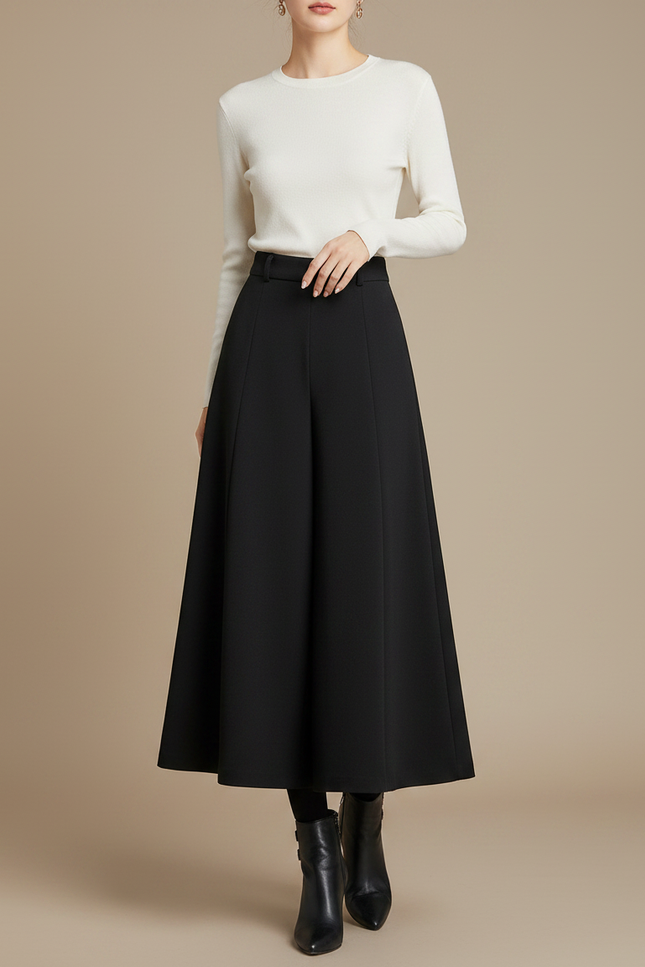 Pantalon Fluide Noir Ample Taille Haute Élégant Hiver - Gabardine