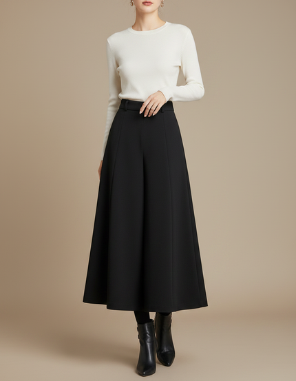 Pantalon Fluide Noir Ample Taille Haute Élégant Hiver - Gabardine