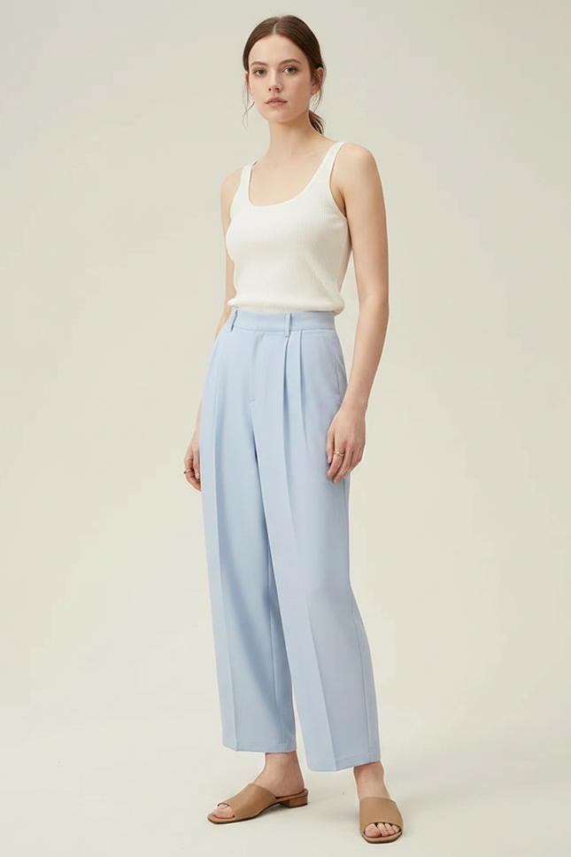 Pantalon Fluide Bleu Ciel Plissé Ample Tapered Femme - Polyester