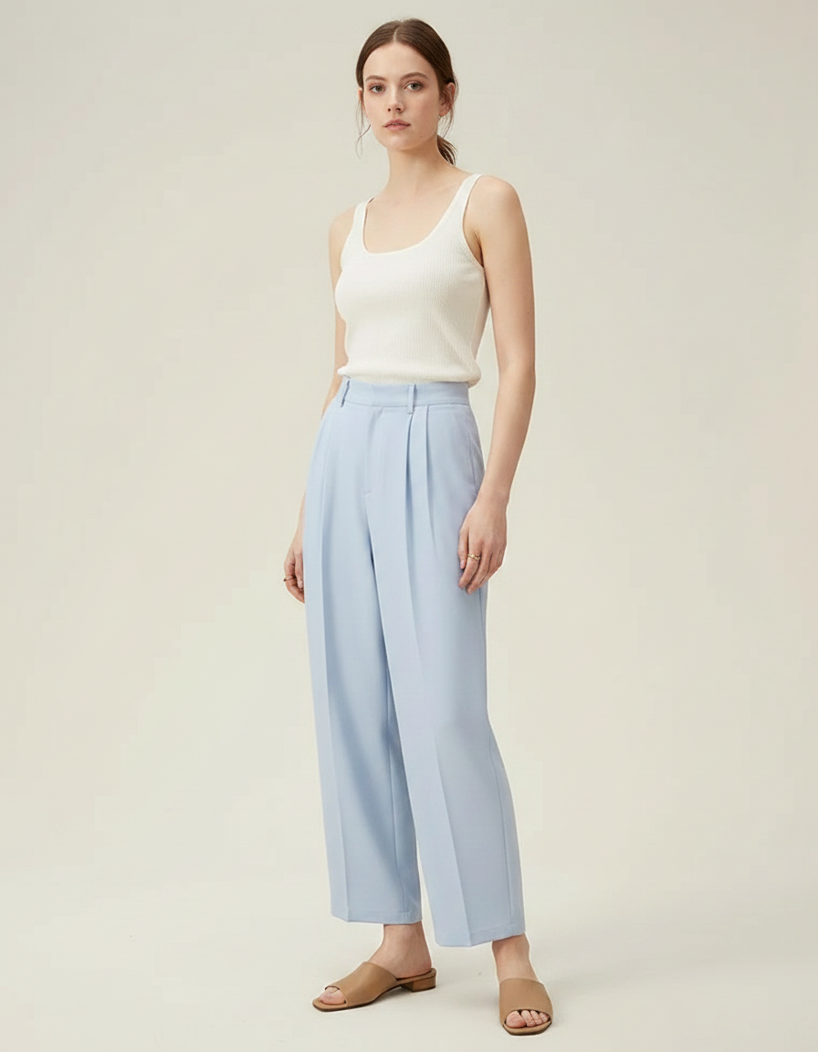 Pantalon Fluide Bleu Ciel Plissé Ample Tapered Femme - Polyester