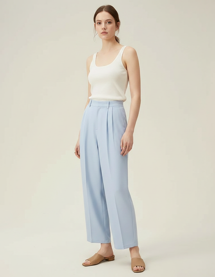 Pantalon Fluide Bleu Ciel Plissé Ample Tapered Femme - Polyester