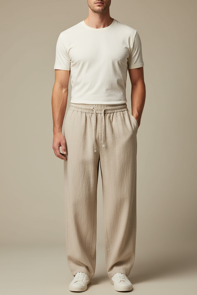 Pantalon Fluide Écru Ample Coton Lin Cordon Décontracté Homme - Beige
