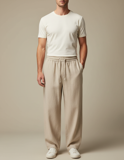 Pantalon Fluide Écru Ample Coton Lin Cordon Décontracté Homme - Beige