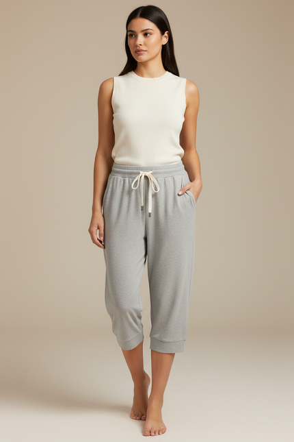 Pantalon Fluide Gris Cordon Coton Décontracté Capris - Molleton
