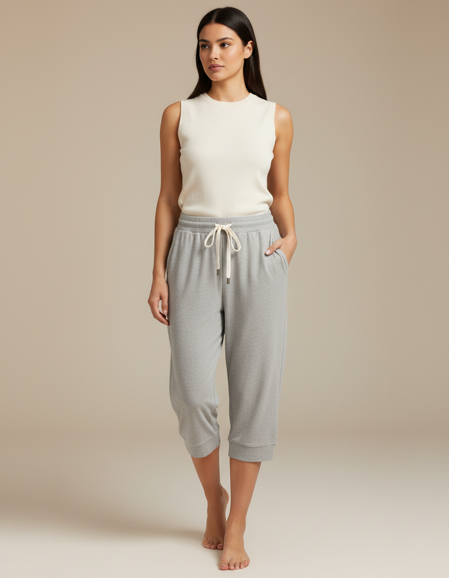 Pantalon Fluide Gris Cordon Coton Décontracté Capris - Molleton