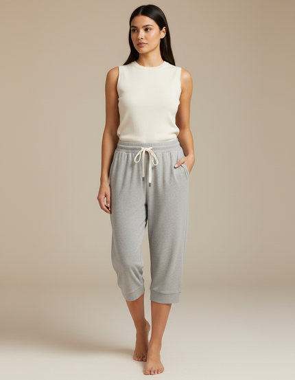 Pantalon Fluide Gris Cordon Coton Décontracté Capris - Molleton
