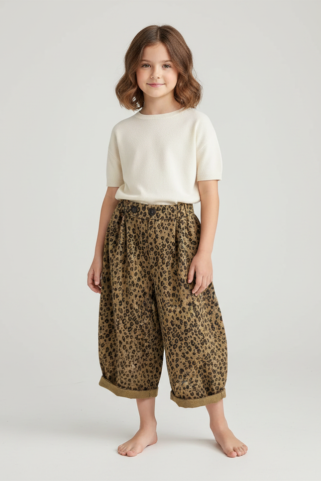 Pantalon Fluide Fille Kaki Coupe Ample Viscose - Imprimé Toile