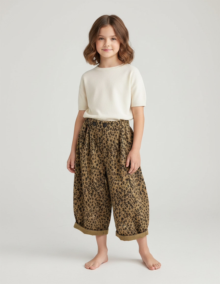 Pantalon Fluide Fille Kaki Coupe Ample Viscose - Imprimé Toile
