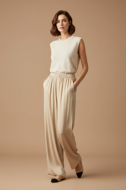 Pantalon Fluide Beige Ample Élégant Taille Élastique - Satin
