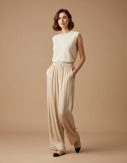 Pantalon Fluide Beige Ample Élégant Taille Élastique - Satin