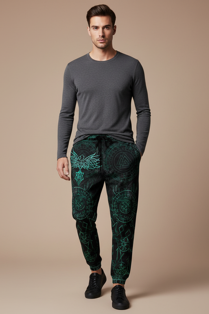 Pantalon Fluide Noir Ample Imprimé Tribal Vert Cordon - Molleton