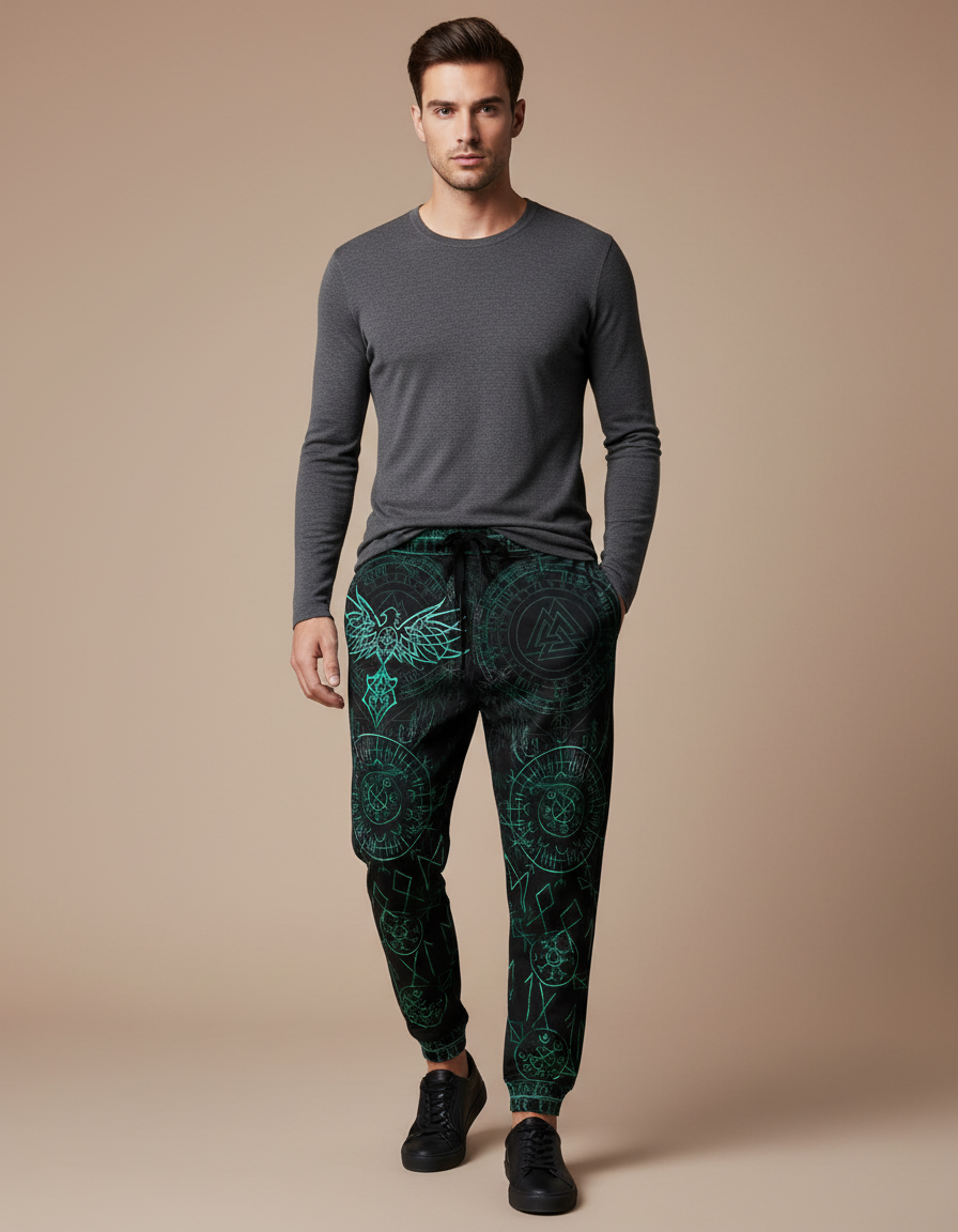 Pantalon Fluide Noir Ample Imprimé Tribal Vert Cordon - Molleton
