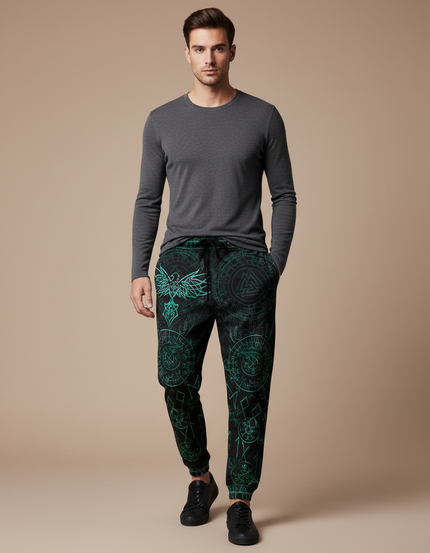 Pantalon Fluide Noir Ample Imprimé Tribal Vert Cordon - Molleton