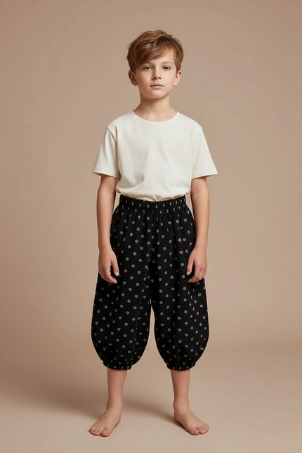 Pantalon Fluide Noir Côtelé Ample Pois Enfant - Imprimé Cordé