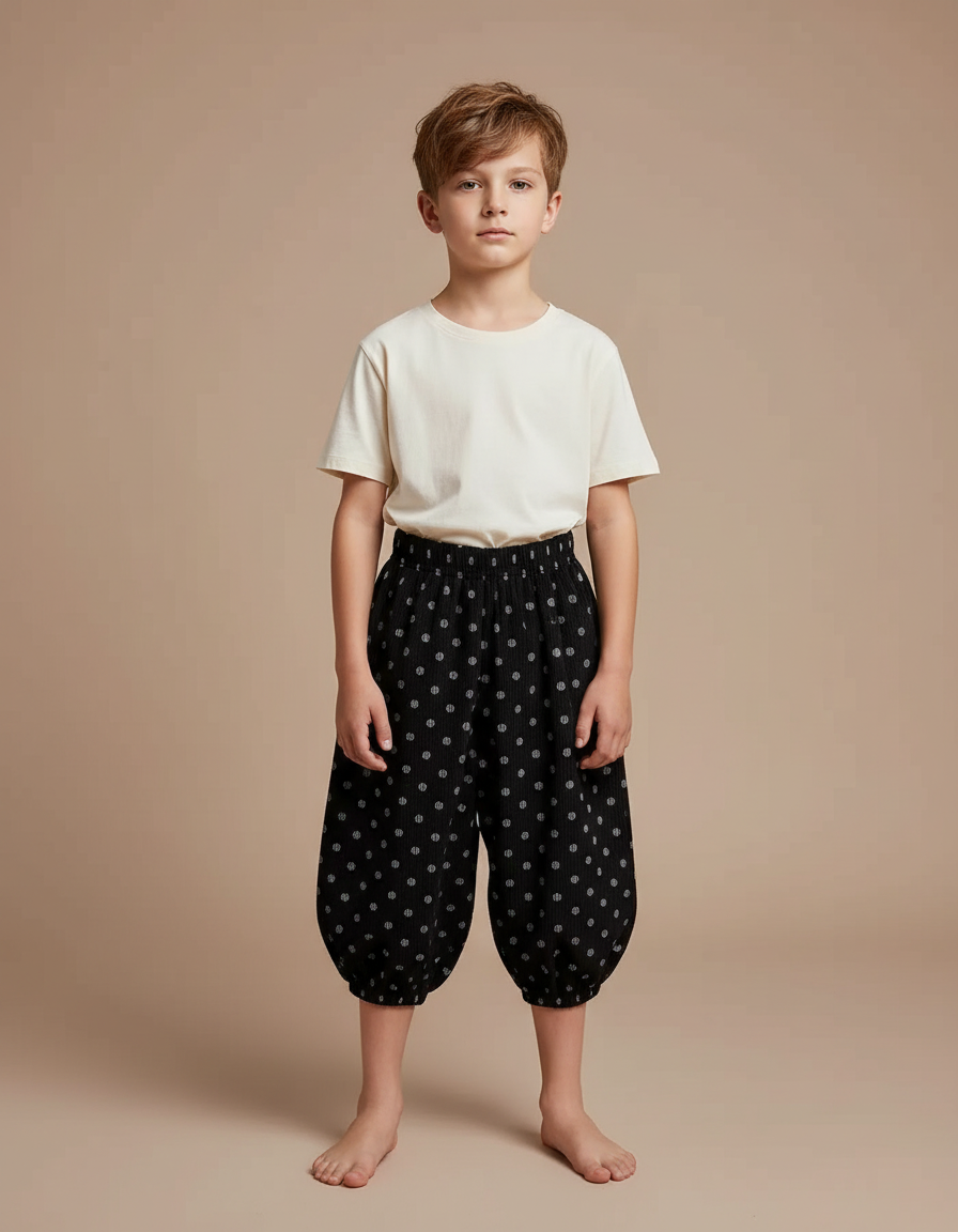 Pantalon Fluide Noir Côtelé Ample Pois Enfant - Imprimé Cordé
