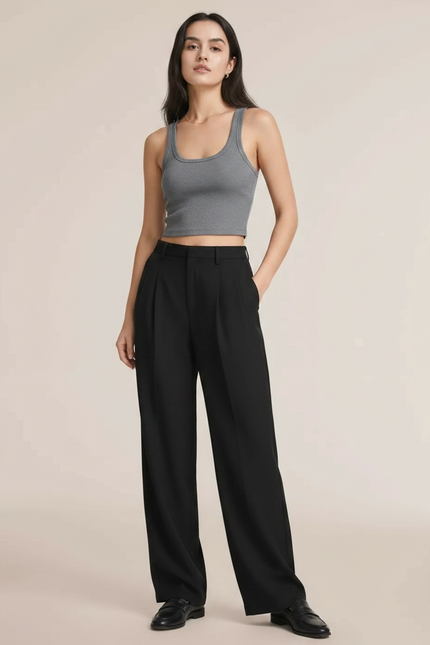Pantalon Fluide Femme Noir Palazzo Polyester Chic Mi-saison
