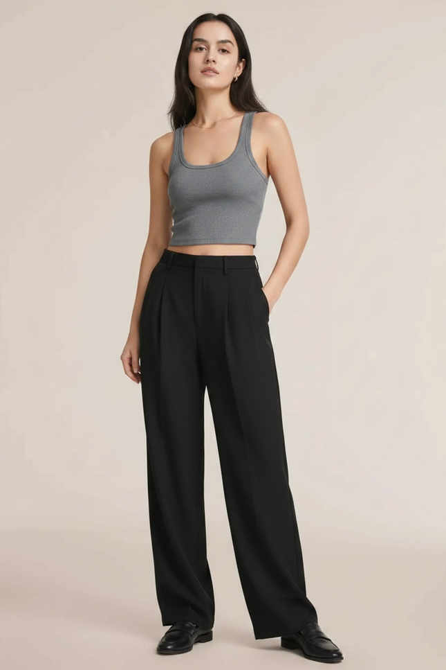 Pantalon Fluide Femme Noir Palazzo Polyester Chic Mi-saison